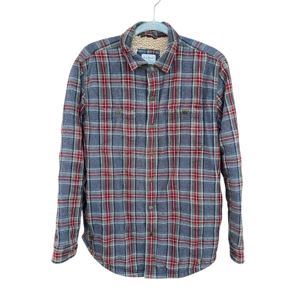 LL Bean Red Gray Scotch Plaid Sherpa Lined Flannel Shacket Slightly Fitted Med